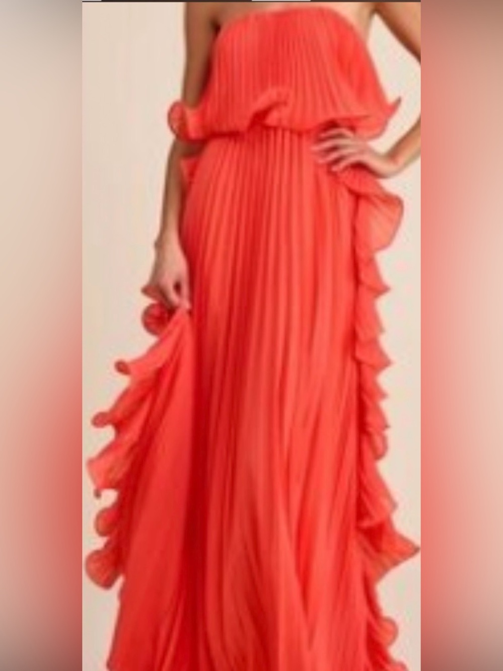 Lulu's Coral Strapless Ruffle Pleated Maxi Dress